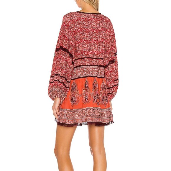 FREE PEOPLE Luna Scarf Print V-neck Tunic Boho Top Mini Dress Flowy Red Size S - Picture 2 of 13